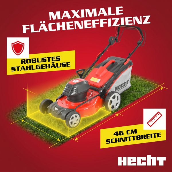 Hecht Rasenmäher mit robustem Stahlgehäuse und 46 Zentimeter Schnittbreite auf einer Rasenfläche. Hecht Logo.