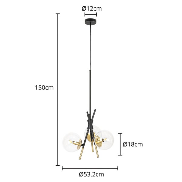 Pendelleuchte mit drei klaren Glaskugeln und Maßen