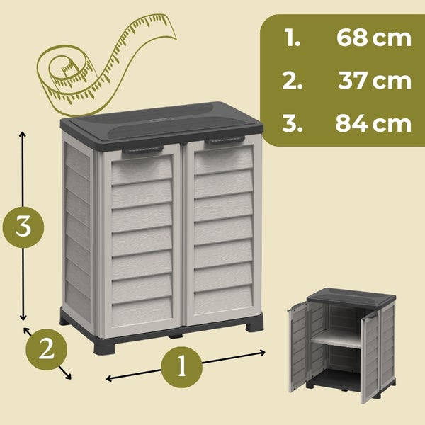 Abbildung eines Gerätehauses mit Maßangaben: 68 cm breit, 37 cm tief, 84 cm hoch.