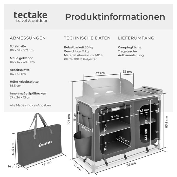 Campingküche Luxus mit 4 Fächern tectake  116 x 52 x 107 cm faltbar grau