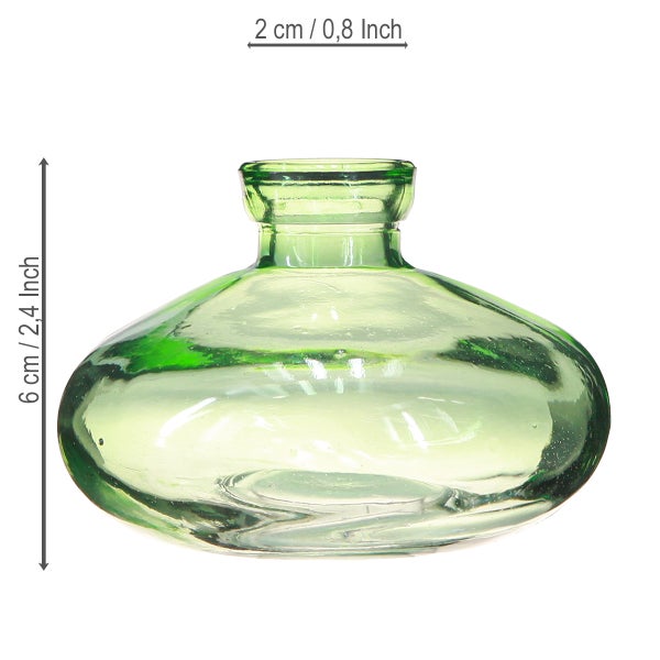 Dekorative grüne Glasvase, 6 cm hoch und 2 cm breit.