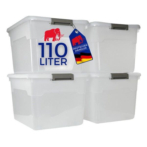 Vier transparente Kunststoff-Aufbewahrungsboxen mit Deckel, jeweils 110 Liter Fassungsvermögen, stapelbar, graue Clipverschlüsse, Siegel deutscher Händler.