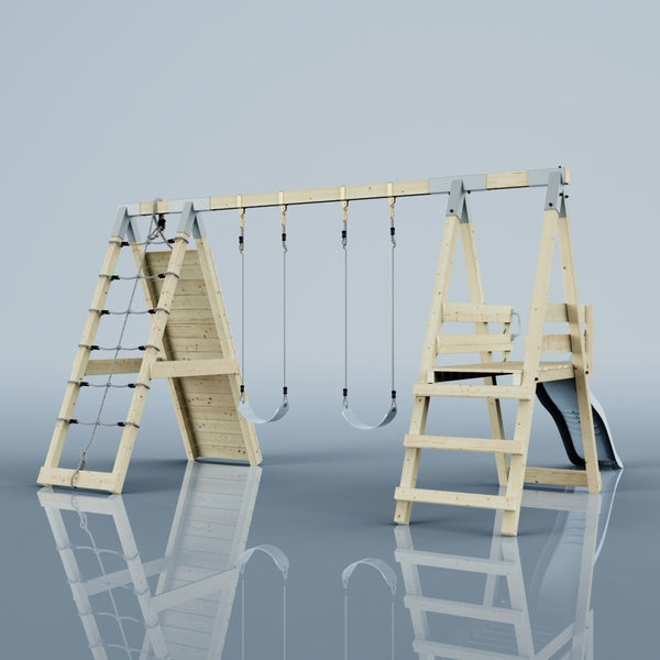 A-förmiges Klettergerüst aus Holz mit Rutsche, Kletterwand, Strickleiter und integriertem Flaschenzug.