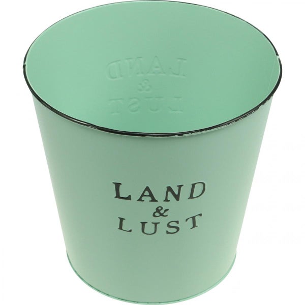 Blumentopf aus Metall mit der Aufschrift Land und Lust