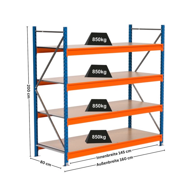 Lagerregal mit vier Ebenen, belastbar mit 850 Kilogramm pro Ebene, Abmessungen 200 x 160 x 80 Zentimeter