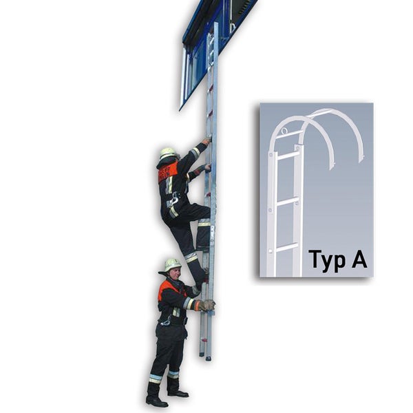 Feuerwehrleute benutzen eine Aluminiumleiter an einem Gebäude. Illustration einer Leiter vom Typ A.
