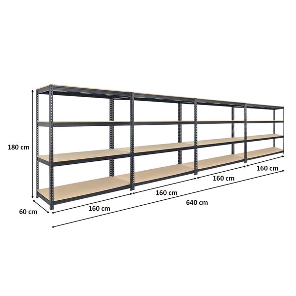 PROREGAL Mega Deal 4x Profi Schwerlastregal Bison HxBxT 200 x 180 x 60 cm 4 Fachböden Fachlast 600 kg Schwarz