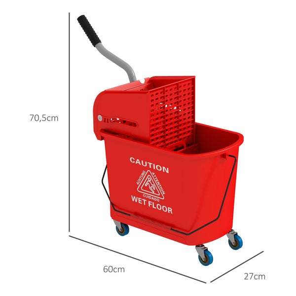 Wischmop Eimer mit Auspresseinheit und Rollen, Maße 60 mal 27 mal 70,5 Zentimeter, mit Warnhinweis für nassen Boden.