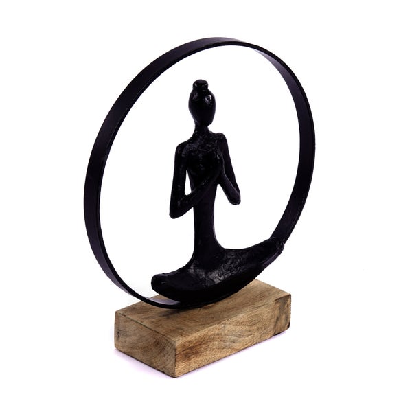 Skulptur Namaste Mangoholz-Sockel schwarz-natur
