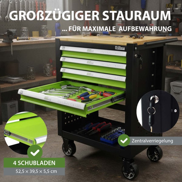 Werkstattwagen mit vier Schubladen, einer Schublade geöffnet mit Werkzeug