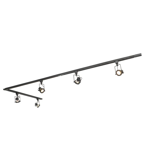 L-förmiges Schienensystem in Schwarz mit fünf verstellbaren Metallstrahlern im industriellen Stil.