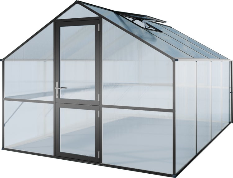 Gewächshaus mit Satteldach, Aluminiumrahmen, Hohlkammerplatten, einer Tür und einem Dachfenster.