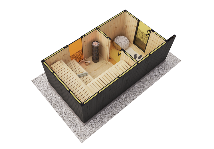 Draufsicht einer modernen Gartensauna mit zwei Räumen, Holzbänken, Saunaofen und Vorraum.