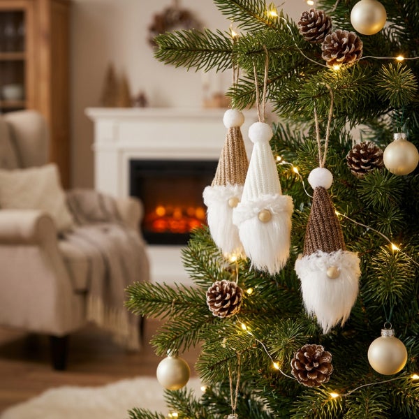 Weihnachtsbaum mit Wichtelanhängern, Tannenzapfen und Kugeln vor einem Kamin in einem gemütlichen Wohnzimmer.