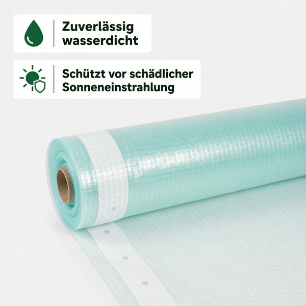 Gewebefolie auf Rolle, wasserdicht und UV beständig für vielseitige Abdeckarbeiten.