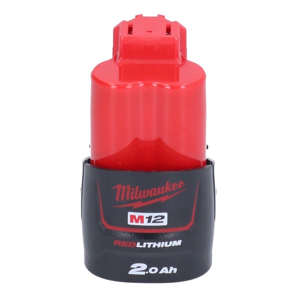 Milwaukee Akku M12 REDLITHIUM mit einer Kapazität von 2,0 Amperestunden.