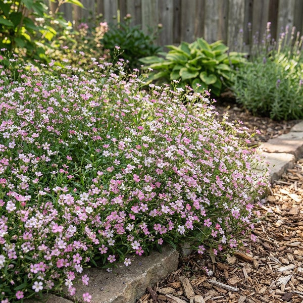 Teppich-Schleierkraut mit vielen kleinen rosa und weißen Blüten in einer Gartenrabatte an einer Steinkante mit Rindenmulch.