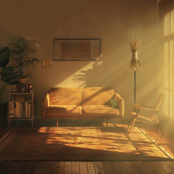 Wohnzimmer mit Sofa, Sessel, Stehlampe, Teppich und Zimmerpflanze