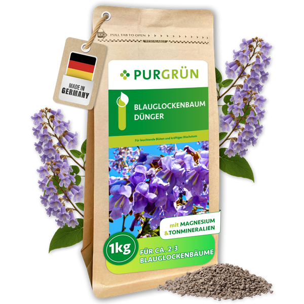 Purgrün Blauglockenbaum Dünger 1 Kilogramm Packung mit Magnesium und Tonmineralien für kräftiges Wachstum.