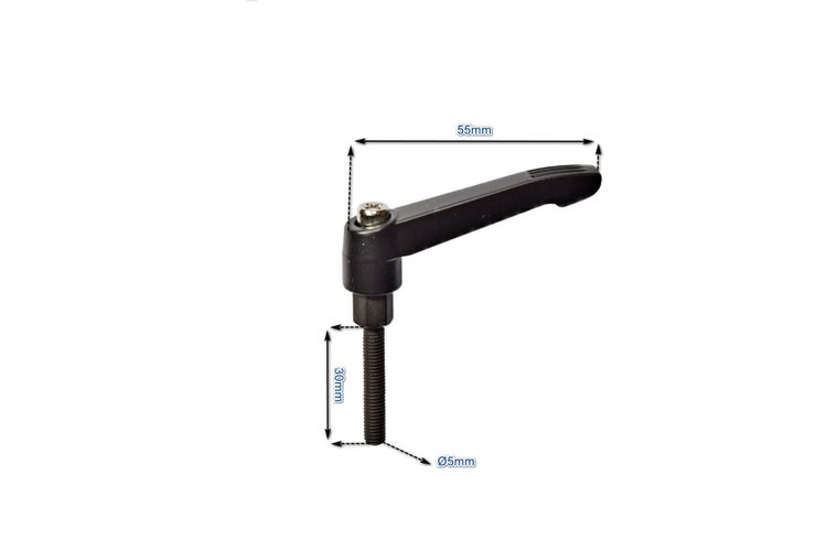 Klemmhebel mit Gewindeschraube, 30 Millimeter Gewindelänge, 5 Millimeter Durchmesser und 55 Millimeter Hebellänge.