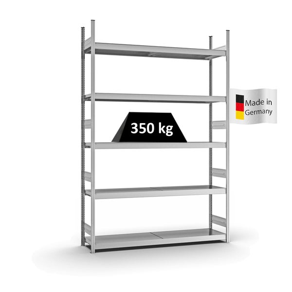 PROREGAL Weitspannregal Stecksystem T-Profil Grundregal HxBxT 300x200x40 cm 5 Ebenen Stahlplatten Fachboden Fachlast 350 kg Verzinkt