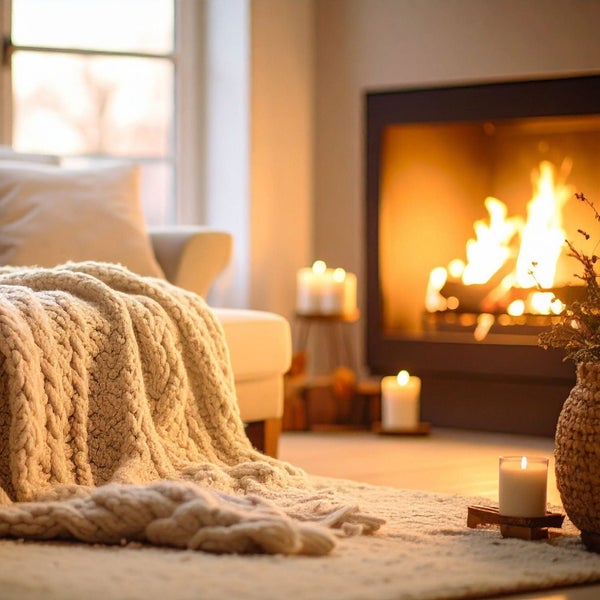 Gemütliches Wohnzimmer mit Kaminfeuer, gestrickter Wohndecke auf dem Sofa, brennenden Kerzen und einem Teppich in warmer Atmosphäre.