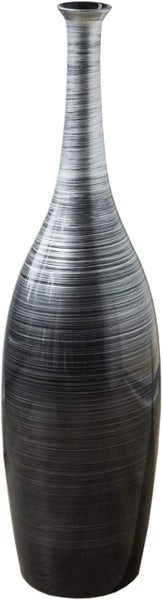 Hohe, schlanke Bodenvase mit horizontal strukturierter Oberfläche in gebürsteter Metall-Optik.