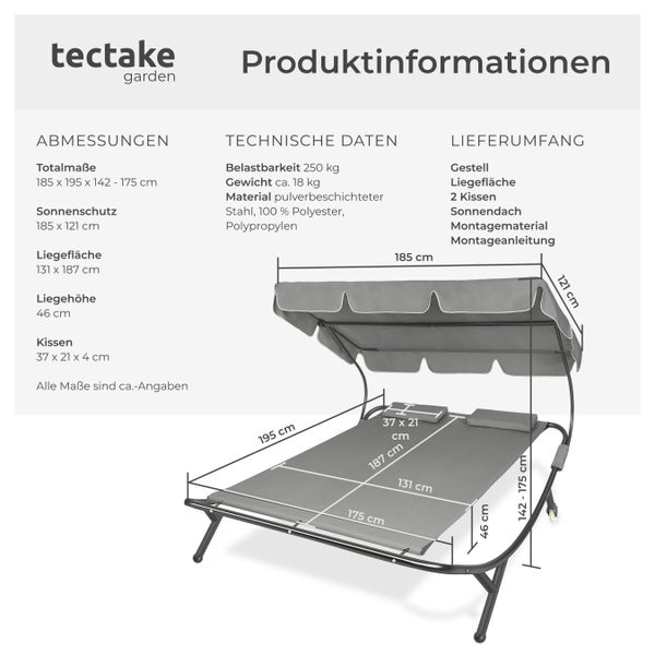 Tectake Garden Logo und Produktinformationen zur Doppel-Sonnenliege mit Dach und Kissen aus Stahl und Polyester, inklusive detaillierter Maßangaben.