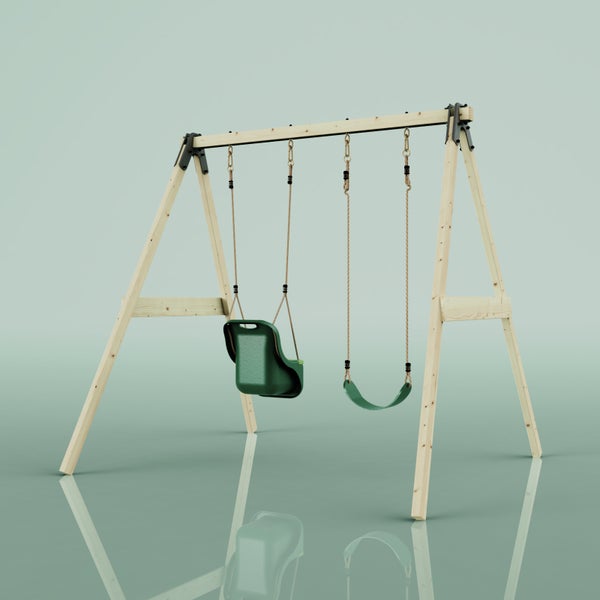 Schaukelgestell aus Holz mit zwei grünen Schaukeln: einem Kleinkindersitz und einem klassischen Schaukelsitz.