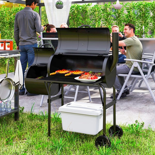Outsunny Holzkohlegrill aus Stahl BBQ Smoker mit Deckel Thermometer Räder Ablage fahrbar Grillwagen mit Luftzufuhr Kohlewanne, Kohlegrill Kohlegrillwagen für Barbeque Camping, Garten 109x60x120 cm