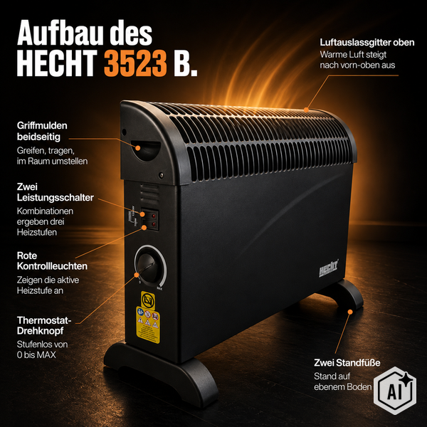 Produktaufbau des Hecht 3523 B Konvektor Heizgeräts mit Funktionsbeschreibungen wie Thermostat, Leistungsschaltern und Luftauslassgitter.