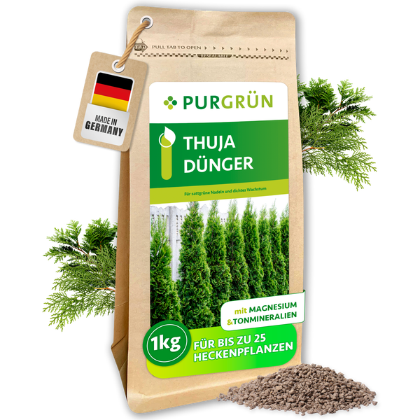 Purgrün Thuja-Dünger 1 Kilogramm mit Magnesium und Tonmineralien für dichtes Wachstum und bis zu 25 Pflanzen, hergestellt in Deutschland.