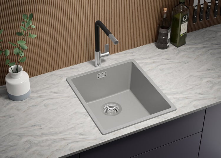 PRIMAGRAN Spülbecken Grau 41x47cm, Granitspüle 1 Becken + Ablauf-Set, Küchenspüle ab 45er Unterschrank - London Slim