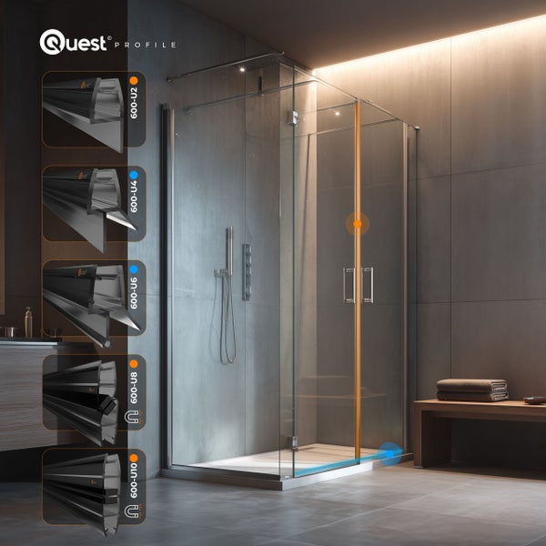 Quest Profile Glasduschkabine mit verschiedenen Dichtungsprofilen für Duschtüren in einem modernen Badezimmer.