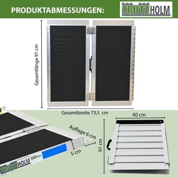 Trutzholm Logo. Produktdarstellung einer faltbaren Rollstuhlrampe mit Maßangaben.