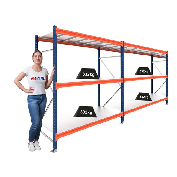 Proregal Weitspannregal aus Metall mit drei Ebenen, Tragkraft 332 Kilogramm pro Boden.