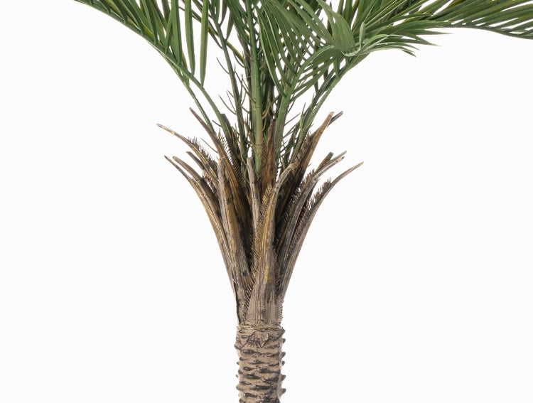 Nahaufnahme des Stammes einer künstlichen Palme in einem schwarzen Kunststofftopf.