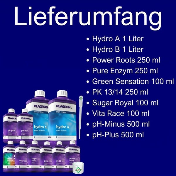 Plagron Dünger Set mit Hydro A, Hydro B, Power Roots, Pure Enzym, Green Sensation, PK 13/14, Sugar Royal, Vita Race, pH-Minus und pH-Plus