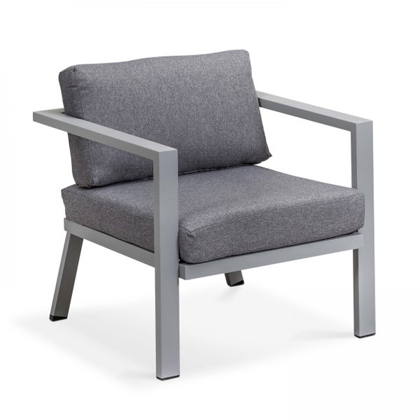Rechteckiger Gartentisch aus Aluminium in Grau mit Lattenoberfläche und ausgestellten Beinen.
