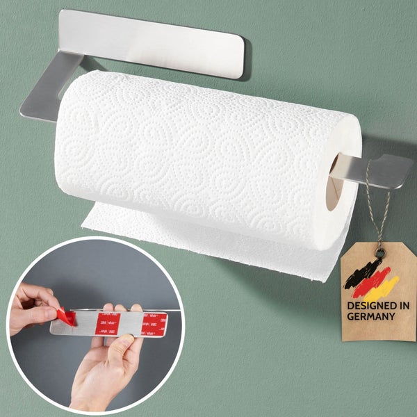 Küchenrollenhalter aus Edelstahl zur Wandmontage ohne Bohren, inklusive 3M Klebestreifen und Designed in Germany Symbol.