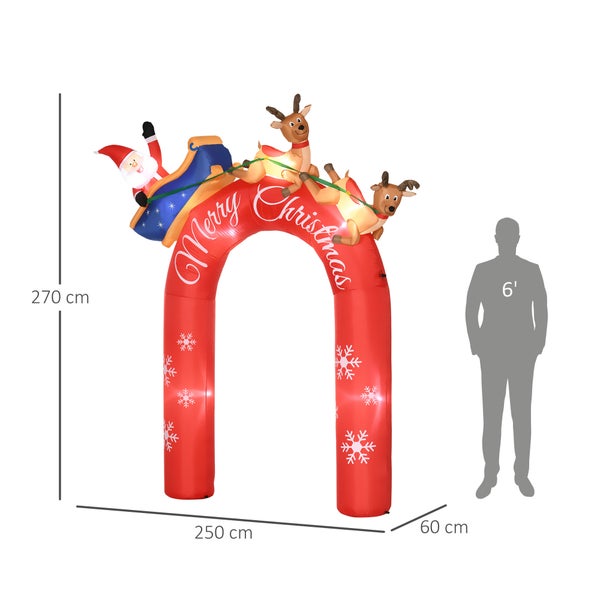 Outsunny 270 cm Aufblasbarer Weihnachtsdeko Torbogen mit Weihnachtsmann auf Schlittenmit und Rentiere Weihnachtsfiguren mit LED Licht für Hausgarten-Familien-Prop Wassserdicht Polyester