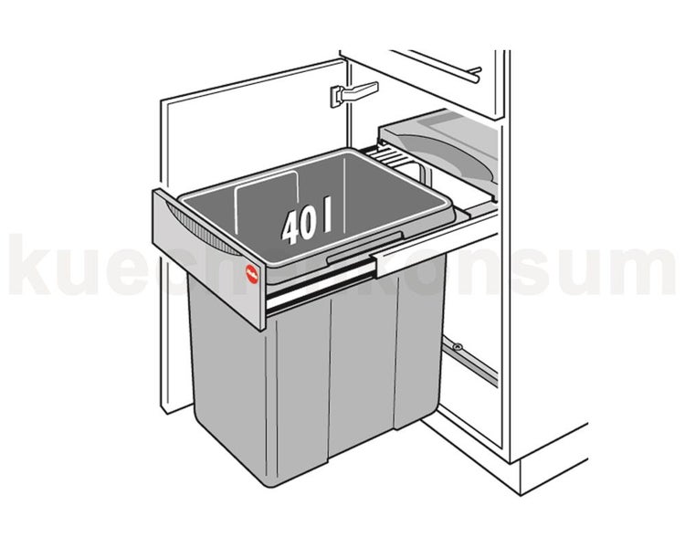 Ausziehbarer Einbaumülleimer für den Küchenunterschrank mit einem 40 Liter Behälter und Hailo Logo.