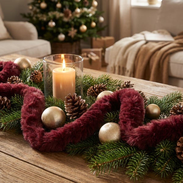 Weihnachtliche Tischdekoration mit brennender Stumpenkerze im Glas, Tannen zweigen, Zapfen, Kugeln und einem flauschigen Band auf einem Holztisch.
