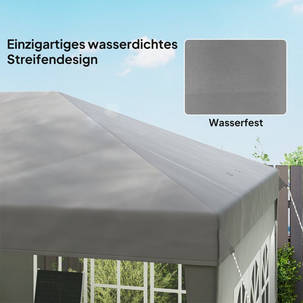 Pavillondach mit wasserfestem Material und Streifendesign sowie Detailansicht des wetterfesten Stoffes.