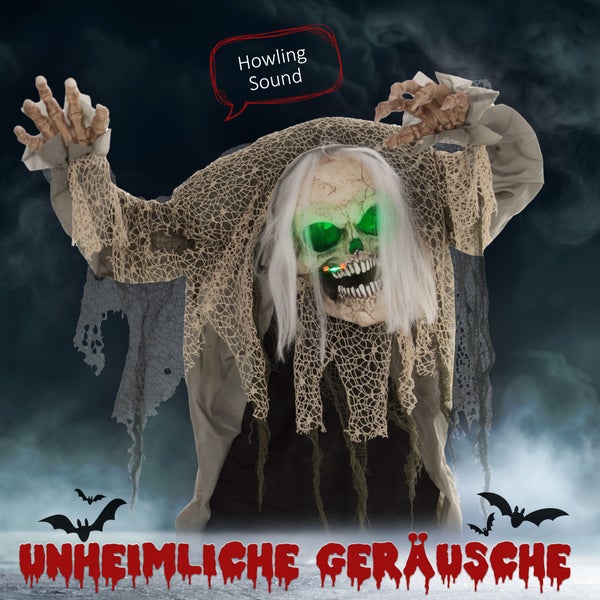 HOMCOM 160cm Halloween Dekoration stehendes Skelett mit LED-Lichter, Soundfunktion, Haustür Deko mit verstellbare Arme, Garten Dekofigur in Lebensgröße für Party