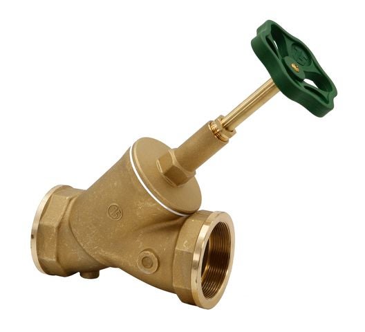Schrägsitzventil aus Messing mit grünem Handrad und Innengewinde.