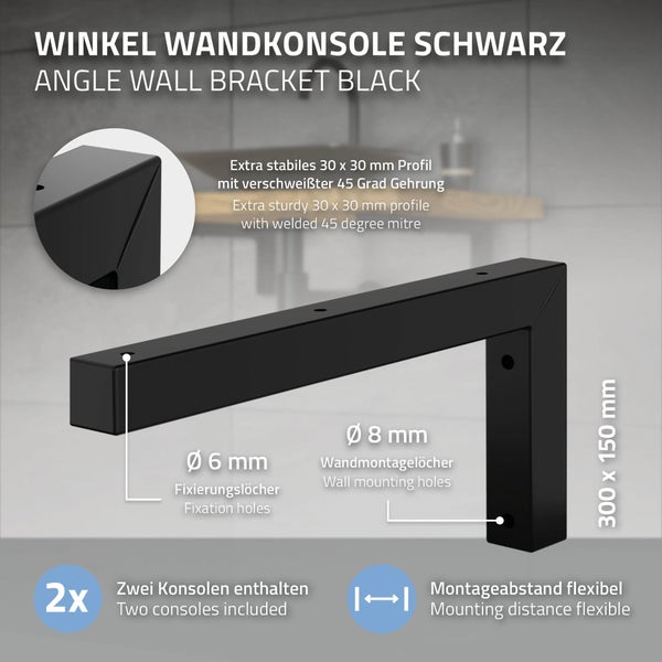 ML-Design 2er Set Wandkonsole Winkel L-Form für Waschtisch, 300x150 mm Schwarz Stahl, Design Waschtischhalterung, Wandhalterung für Waschtischplatte Waschbecken, Konsolenträger Regalträger Regalhalter