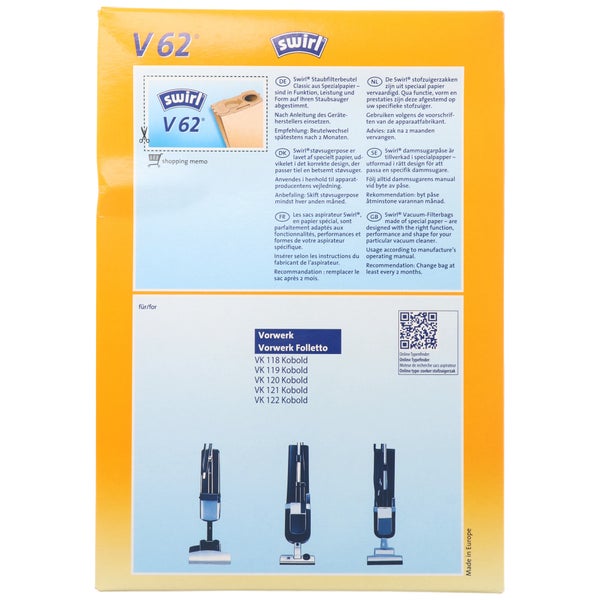 Swirl V62 Staubsaugerbeutel Packung für Vorwerk Staubsauger