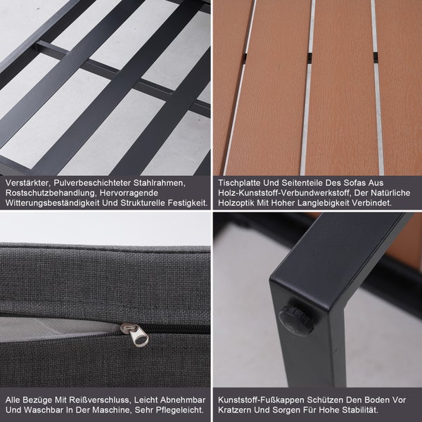 Details eines Gartenmöbelsets: pulverbeschichteter Stahlrahmen, Tischplatte in Holzoptik, Polsterbezug mit Reißverschluss und Kunststoff-Fußkappen.