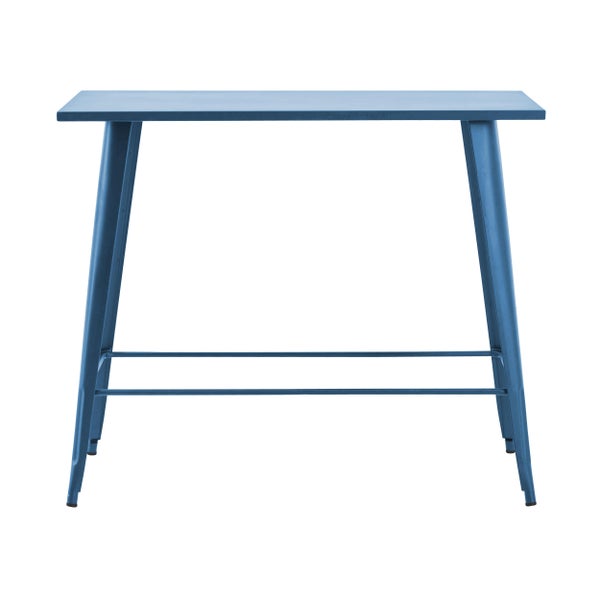 Blauer Stehtisch aus Metall mit vier ausgestellten Beinen und stabilisierenden Querstreben.